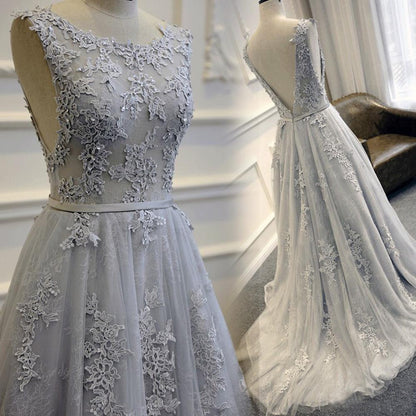 gray prom dress, long prom dress, lace applique prom dress, charming prom dress, A-line evening gown, BD276