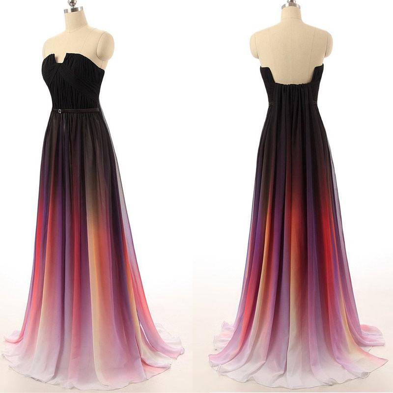 chiffon prom dress, long prom dress, strapless prom dress, Gradient prom dress, evening dress, BD84