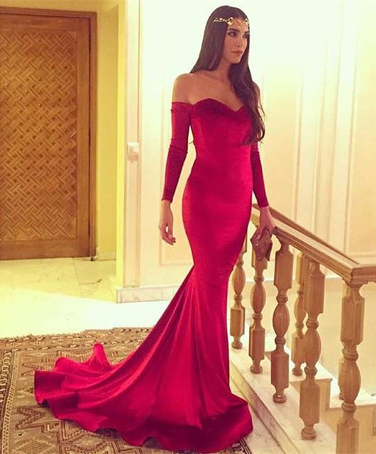 off shoulder mermaid long sleeves sweetheart elegant red prom dress, PD6226