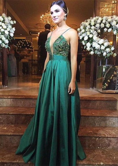 spaghetti straps v-neck green beaded formal long prom dress, PD7176