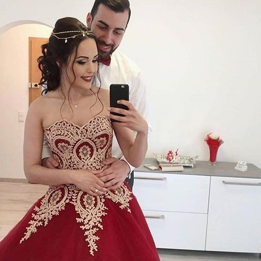 charming burgundy A-line lace appliques sweetheart long prom dress, PD6218