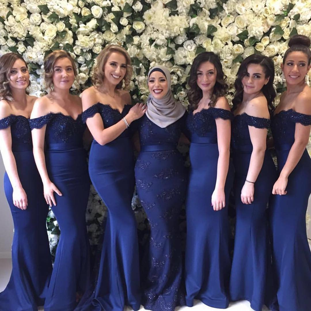 Long blue off shoulder mermaid Bridesmaid Dresses, PD3002