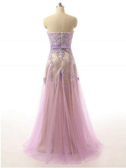 light purple tulle sweetheart long prom dress with lace appliques, PD6225