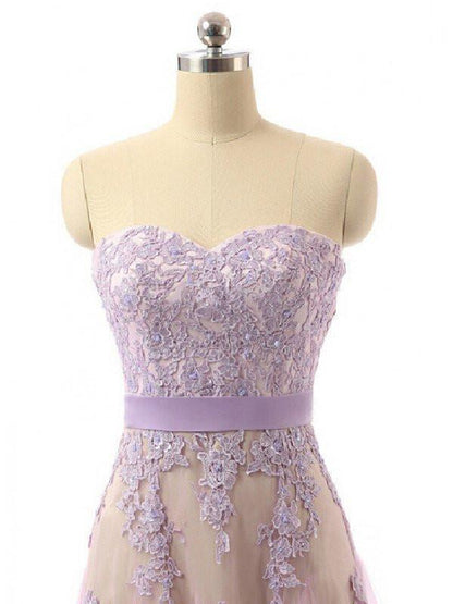 light purple tulle sweetheart long prom dress with lace appliques, PD6225