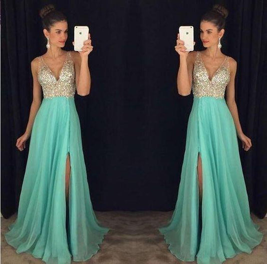 beaded prom dress, long prom dress, blue prom dress, v-neck evening dress, prom dress with side slit, BD386