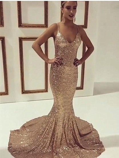 gold sequin spaghetti straps long mermaid formal sparkle evening prom dress, PD3016