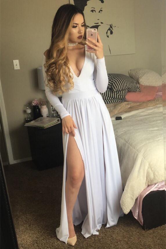 white v-neck long sleeves chiffon side slit long prom dress, PD1483