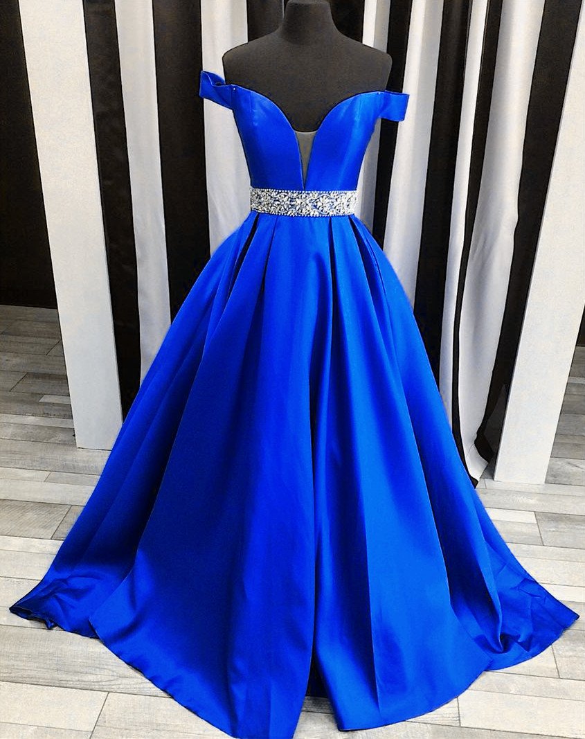 off shoulder long A-line satin elegant formal prom dress, PD3012