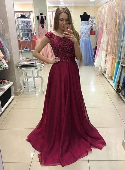 round neck fuchsia cap sleeves chiffon beaded long prom dress, PD6569