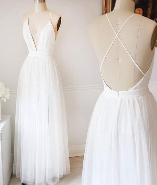 open back v-neck tulle sexy white long prom dress, PD6217