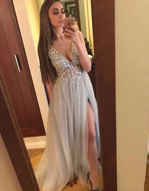 side slit light grey tulle v-neck beaded long prom dress, PD5667