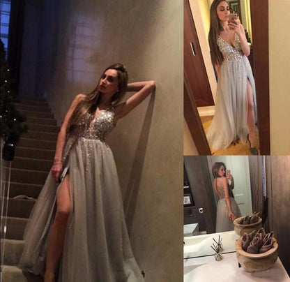 side slit light grey tulle v-neck beaded long prom dress, PD5667