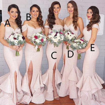 Mismatched long mermaid blush pink side slit sequin bridesmaid dresses,BD12001