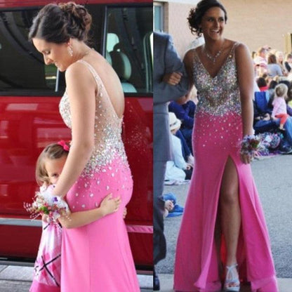 charming v-neck beaded hot pink side slit long prom dress, PD5713