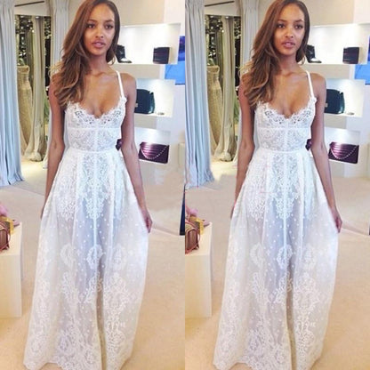 spaghetti straps white lace long prom dress, PD4565