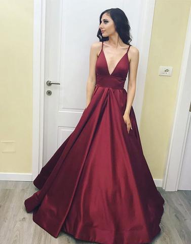 Spaghetti straps A-line burgundy satin long prom dress, PD5877