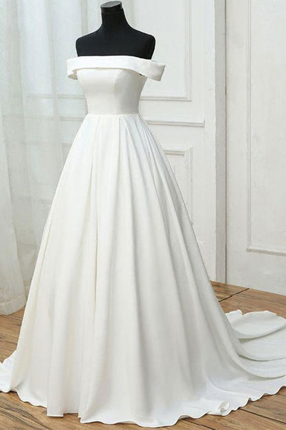 off shoulder white satin simple long prom dress, PD7550